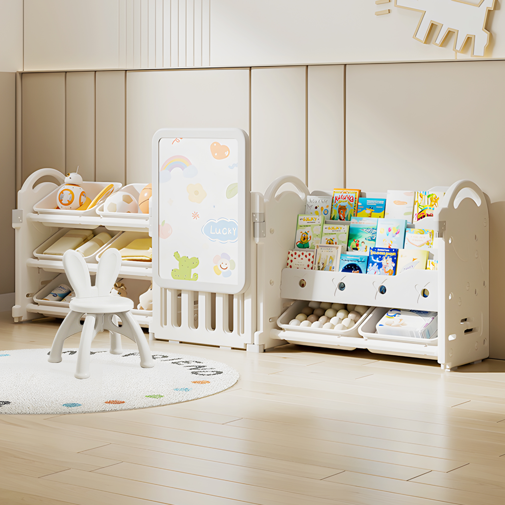 OSJ 絵本棚 おもちゃラック ホワイトボード 自立 落書き 子供部屋収納 ワイドタイプ 大容量 シンプル HDPE 組立簡単 3段