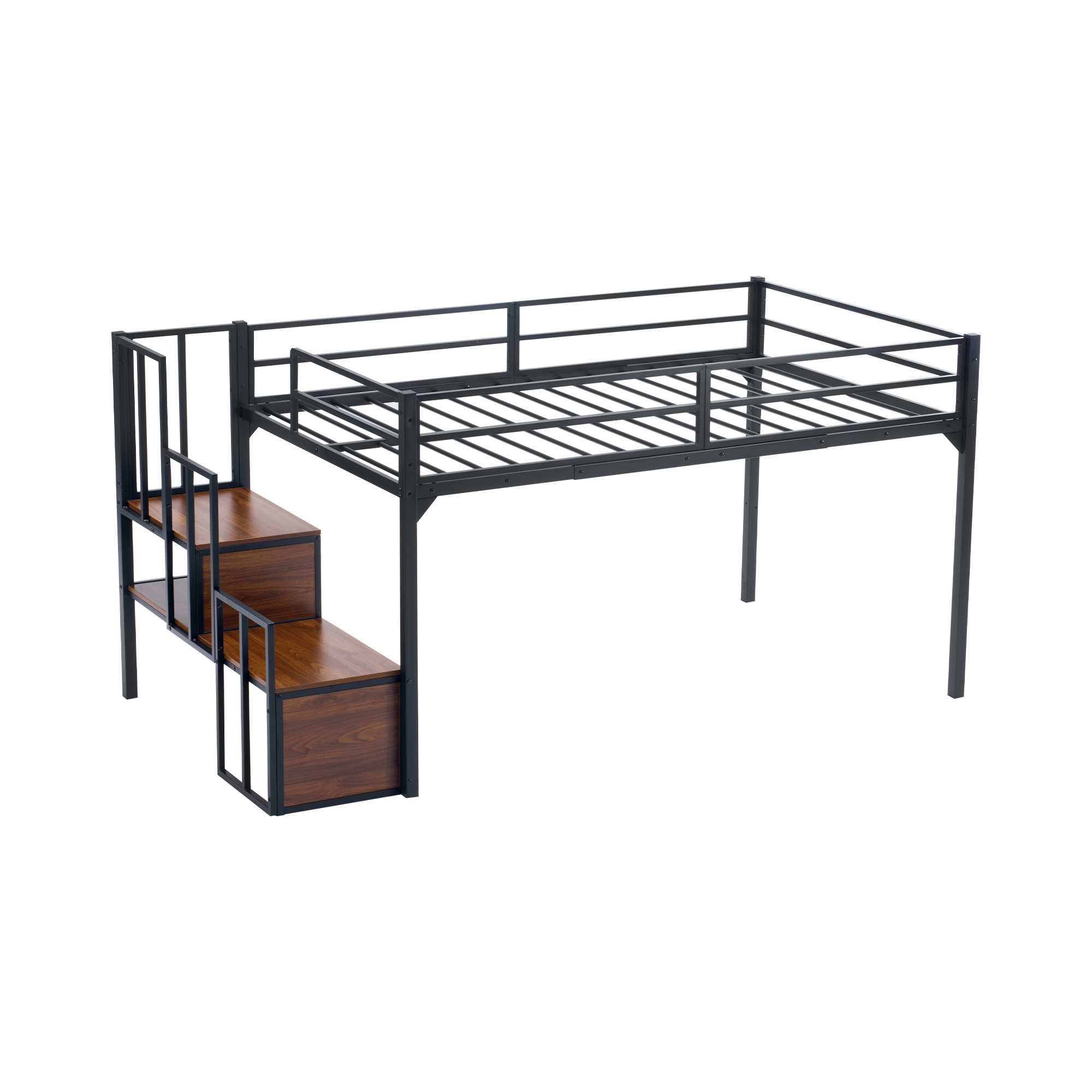 OSJ 【SDセミダブル】 ロフトベッド-120cm  パイプベッド 階段付き ロータイプ ロフトベッドロータイプ 木 収納 北欧風 おしゃれ 子供部屋 スチール 耐震 ベッド